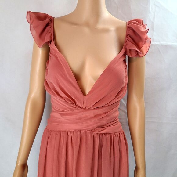 New LULUS Women's (L) Soiree Celebration Rusty Rose Ruffled Lace-Up Maxi Dress - Picture 3 of 15